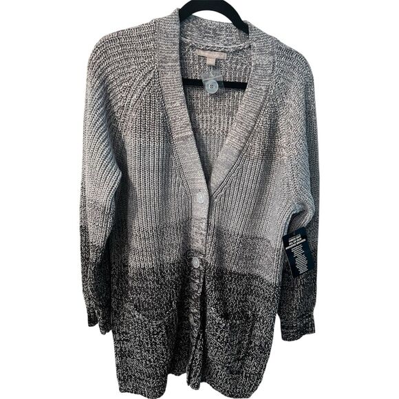 Woman Within Shaker Cardigan Womens Plus L 18-20 Black Grey Ombré Button Up New - Picture 1 of 11